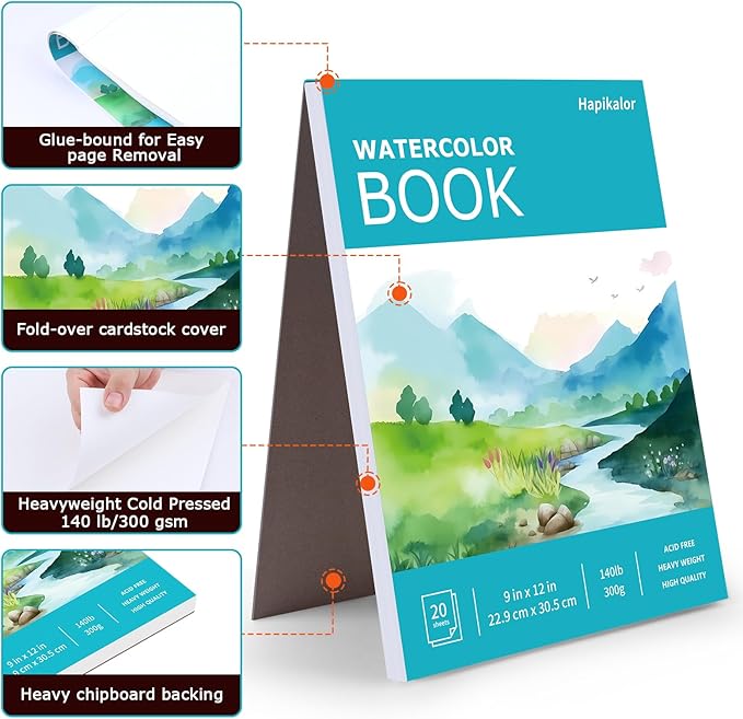 Hapikalor 3-Pack 9"x12"Watercolor Paper Pad, Bulk College Essentials, Teacher Classroom Must Have, 140lb/300gsm Art Watercolor Paper, Art Supplies for Adults Kids, Back to School Supplies, Teal