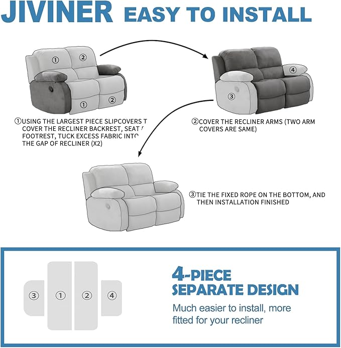 JIVINER 4 Pieces Recliner Loveseat Covers Stretch Recliner Sofa Slipcover with Elastic Bottom Jacquard Fitted Reclining Couch Cover Furniture Protector with Pockets (2 Seater, Teal)