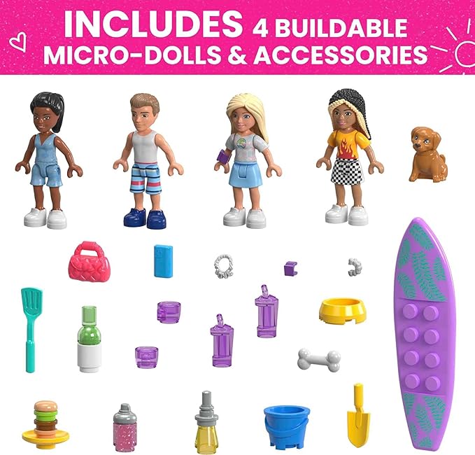 Mega Construx Barbie Kids Building Toy Set, Dream Camper Adventure with 580 Pieces, 4 Micro-Dolls, Barbie Pets and Accessories, Pink, Ages 6+ Years