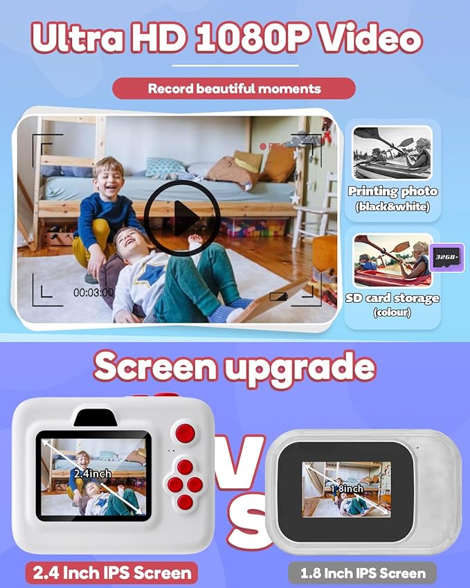 Instant Print Camera for Kids,2.4 Inch Screen Kids Instant Cameras, Christmas Birthday Gifts for Girls Age 3-12, Portable Toddler Toy for 3 4 5 6 7 8 9 10 Year Old Girls Boys White