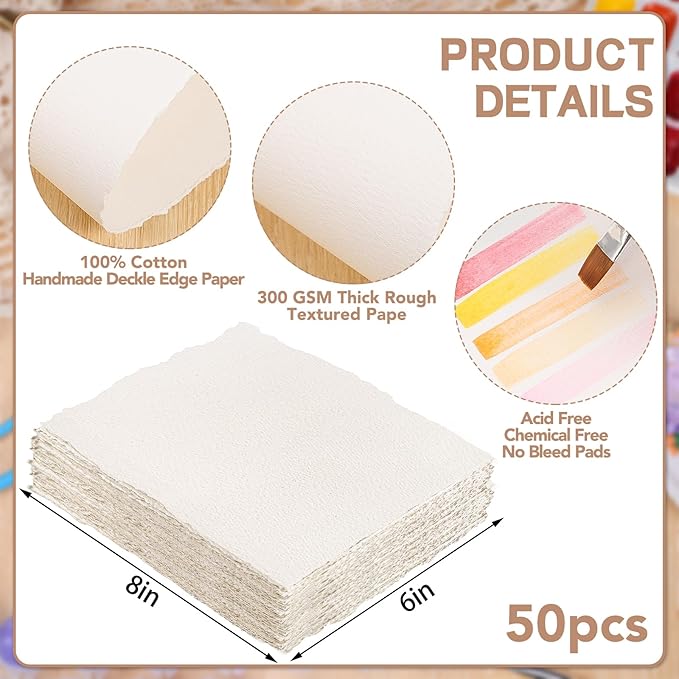 50 Sheets Watercolor Paper 6 x 8inch, 300 GSM Deckled Edge Paper Rough/Textured Handmade Paper Cotton Paper for Watercolors, Wedding Invitations, Cards, Crafts