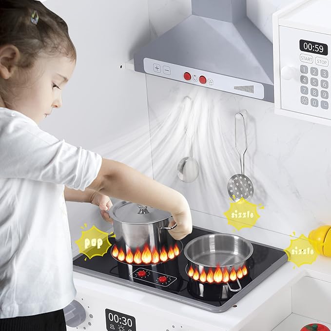 Kids Kitchen Playset, Wooden Chef Pretend Play Set with 20 PCS Cookware Accessories, Wooden Cookware Pretend with Ice Maker, Microwave, Oven, Range Hood, Sink, Real Lights & Sounds,White
