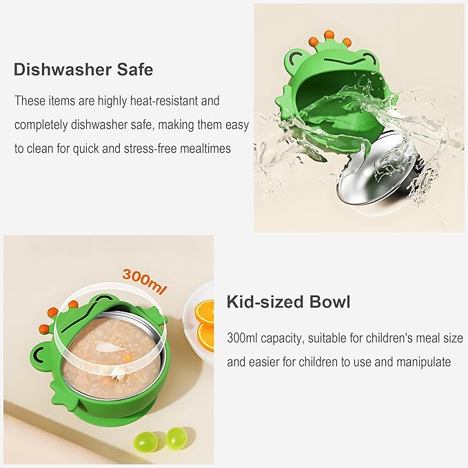Suction Bowls Set for Baby Feeding,Yellow Duck Silicone Suction Baby Bowl and Food-Grade 304 Stainless Steel Bowl with Fork and Spoon,Dishwasher Safe