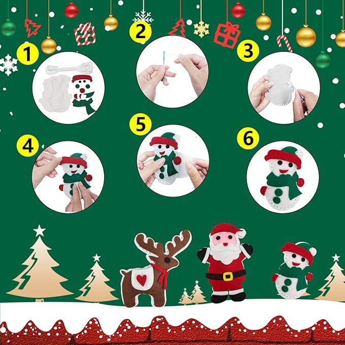 Jtnohx Sewing Kit for Kids, Felt Christmas Ornaments Set, 5 Sets DIY Craft Kits - Christmas Deer, Santa Claus, Snowman, Heart, Christmas Tree Decor for Home Party Decorations