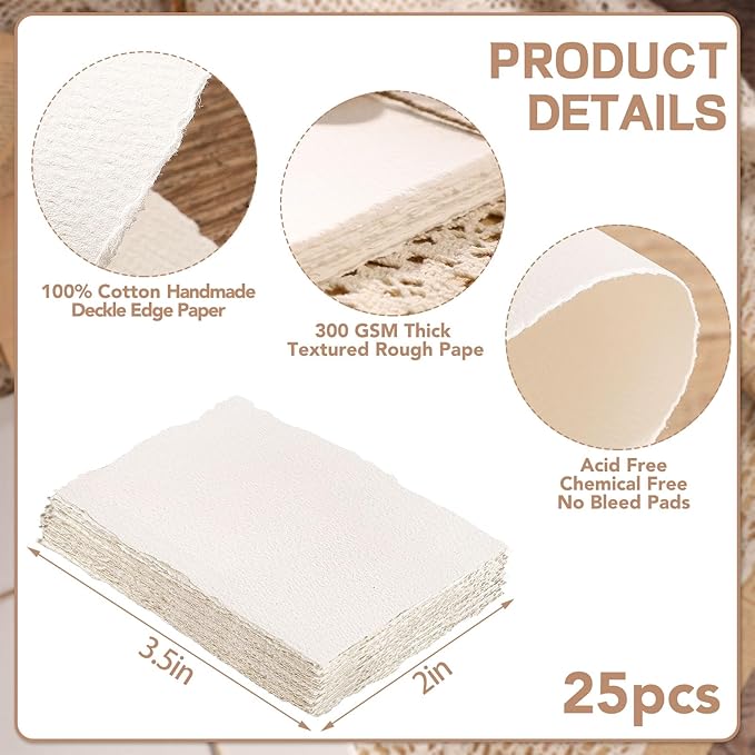 25 Sheets Watercolor Paper, 300 GSM Deckled Edge Paper 2 x 3.5 inch Rough/Textured Handmade Paper Cotton Paper White Textured Paper for Watercolors, Wedding Invitations, Cards, Crafts