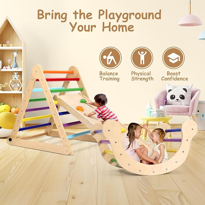 Dripex Pikler Triangle Set, Sturdy Climbing Toys for Toddlers 1-3 Inside, Large Indoor Playground Jungle Gym Playset with Slide & Arch Rocker, Premium Early Learning Toddler Climbing Toys Indoor