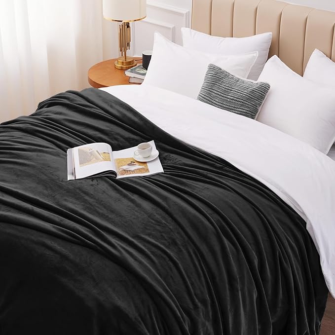 CozyLux Fleece Bed Blankets Queen Size Black - 300GSM Soft Lightweight Cozy Plush Fuzzy Microfiber Flannel Blanket for Travel Camping Chair and Sofa, 90x90 inches