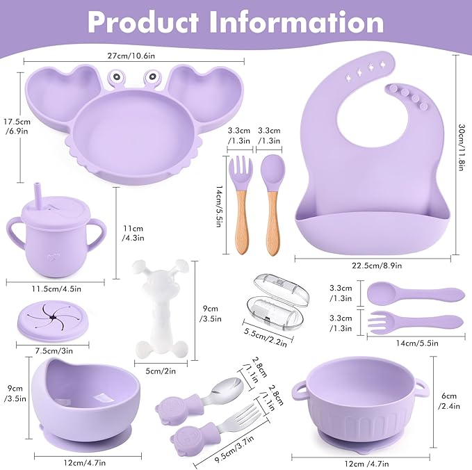 Silicone Baby Feeding Set 15 Pcs,Baby Spoons Suction Bowl Divided Plate Bib Cup Finger Brush Teething Teether,Baby Led Weaning Supplies,Baby & Toddler Silicone Plates and Bowls Dining Set(purple)