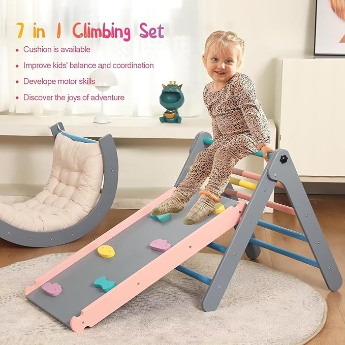 Pikler Triangle Set with Cushion, 7 in 1 Toddler Climbing Toys Indoor, Montessori Foldable Climbing Set, Wooden Climbing Toys for Toddlers 1-3 Inside with Ramp, Arch and Ladder (Rainbow with Blue)