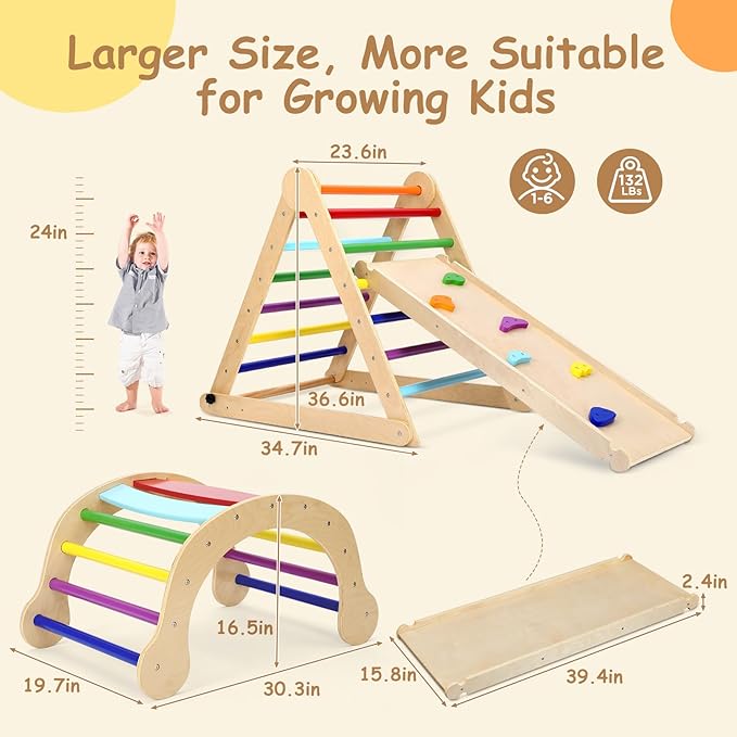 Dripex Pikler Triangle Set, Sturdy Climbing Toys for Toddlers 1-3 Inside, Large Indoor Playground Jungle Gym Playset with Slide & Arch Rocker, Premium Early Learning Toddler Climbing Toys Indoor
