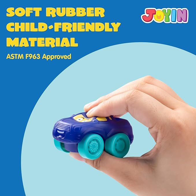 JOYIN Cartoon Cars, Soft Rubber Toy Car Set, Mini Vehicles, Bath Toy Car for Toddlers, Gift for Boys and Girls Christmas Birthday, Summer Beach and Pool Activity, Party Favors for Kids