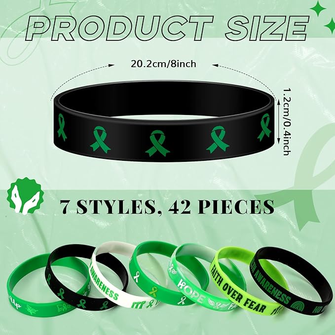 JUNEBRUSHS 42pcs Mental Health Awareness Silicone Wristband Bulk Green Ribbon Inspirational Rubber Bracelets for Mental Health Awareness Faith Courage Hope Party Favor Gift Supplies(7 Style)