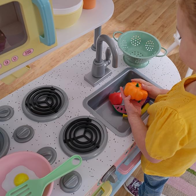 KidKraft Uptown Pastel Wooden Play Kitchen with Chalkboard, Play Phone, and See-Through Doors, Gift for Ages 3+