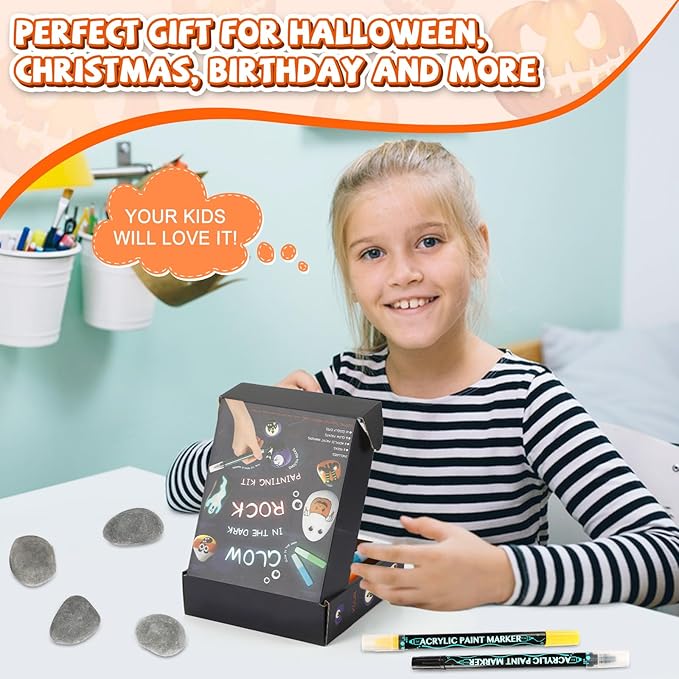 JULEASEL Rock Painting Kit, Glow in The Dark Rock Craft Paint Kits, Arts and Crafts for Kids Ages 6-12, Holiday DIY Crafts for Girls & Boys with Mess-Free Paint Pens Markers