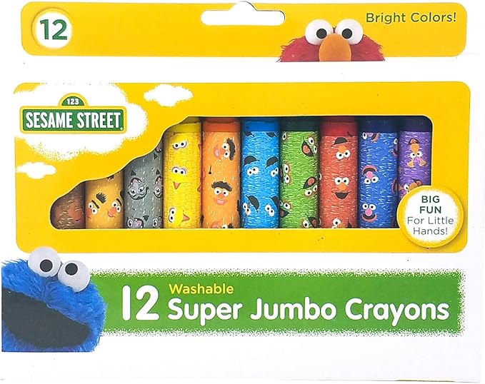 Sesame Street 12 Count Washable Jumbo Crayons | For Toddlers and Kids | Assorted Colors and Non Toxic | Great for Classrooms | Beginner Crayons