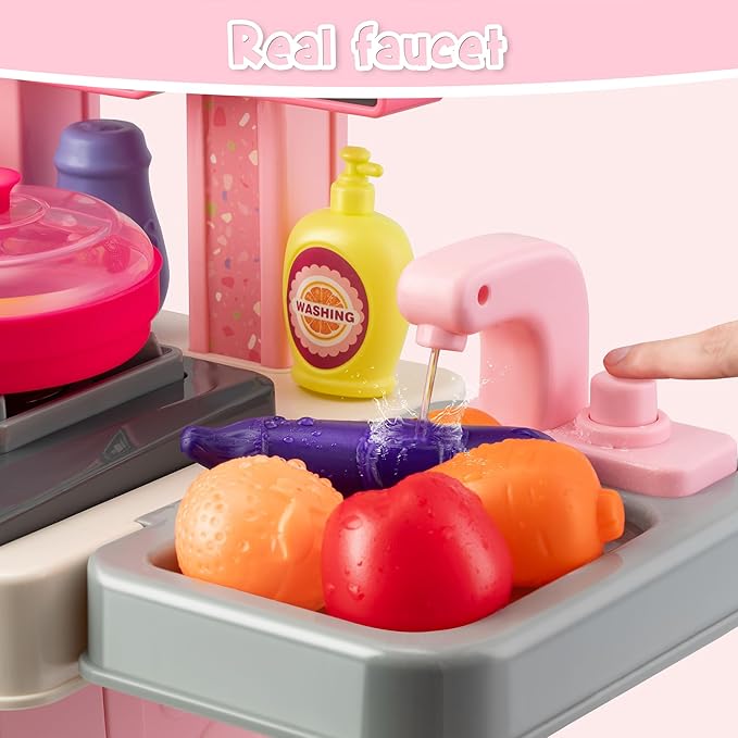 Kids Kitchen Playset-53pcs Cooking Stove,Paly Sink,Oven,Kitchen Toys with Realistic Lights&Sounds,Pretend Play Toys,Kitchen Toys for Toddlers 1 2 3 (Pink)