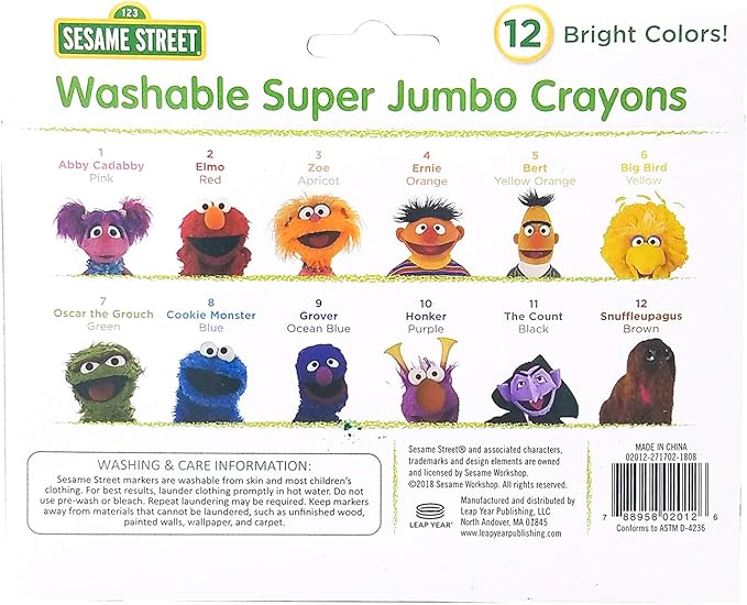 Sesame Street 12 Count Washable Jumbo Crayons | For Toddlers and Kids | Assorted Colors and Non Toxic | Great for Classrooms | Beginner Crayons