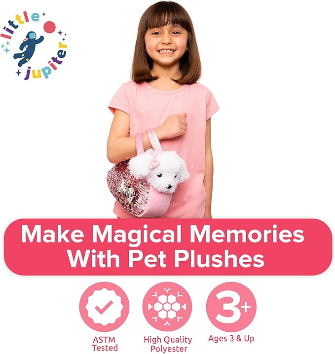 Little Jupiter Pet Plush Set with Purse w/ Reversible Sequins & Charm - Stuffed Animal Toy for Kids Ages 4 - 5 - 6 - 7 - Stuffed Animal Purse - Stuffed Animals for Girls - (White Labradoodle)