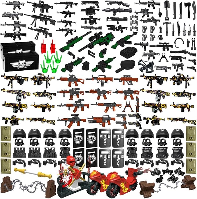 Weapon Pack Military Weapon Set Incl Helmet Body Armor Cloak and Motorcycles Designed for Minifigures Compatible with Minifigures of All Major Brands (SWAT Weapon)