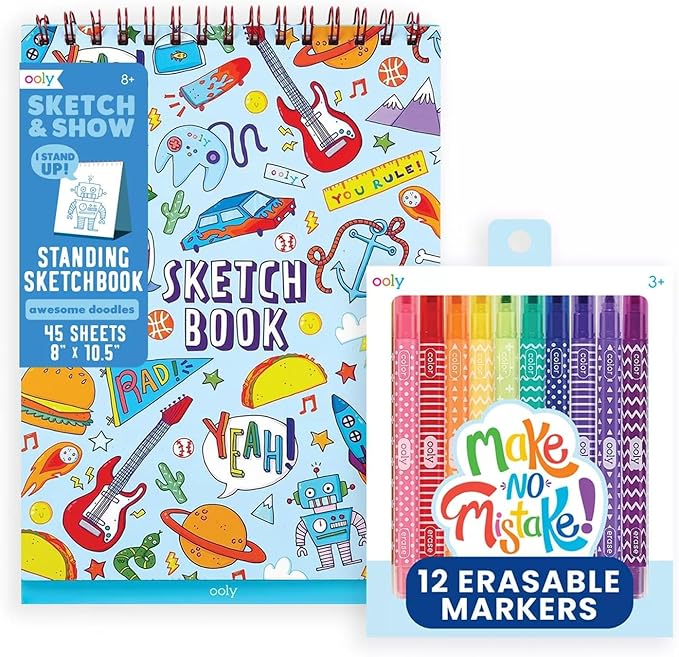 Ooly Make No Mistake Erasable Markers & Standing Sketchbook, Mess Free Marker Pack You Can Erase, Drawing and Coloring Pens for Kids, Colorful School Supplies, Set of 12 & Sketchbook Bundle