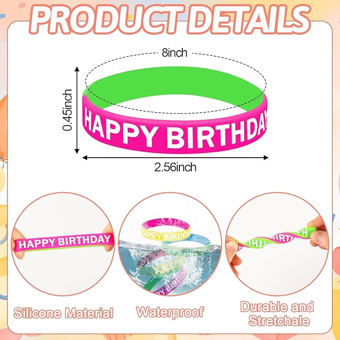 JUNEBRUSHS Birthday Rubber Bracelets, 24pcs Happy Birthday Silicone Bracelets Wristbands for Classroom Teachers Birthday Party Favors Reward Gifts Accessories(12 Designs)