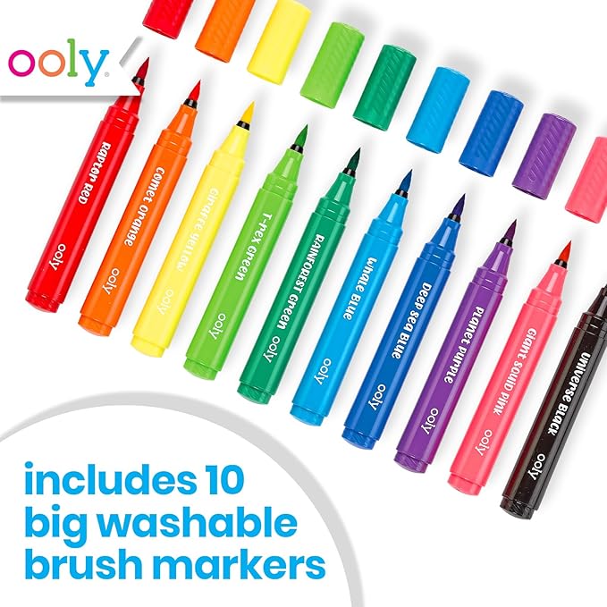 Ooly Thick Washable Toddler Markers with Jumbo Grip, Big Bright Brush Tip Markers for Toddlers with Jumbo Barrel, Perfect for Little Hands - BRUSH TIP