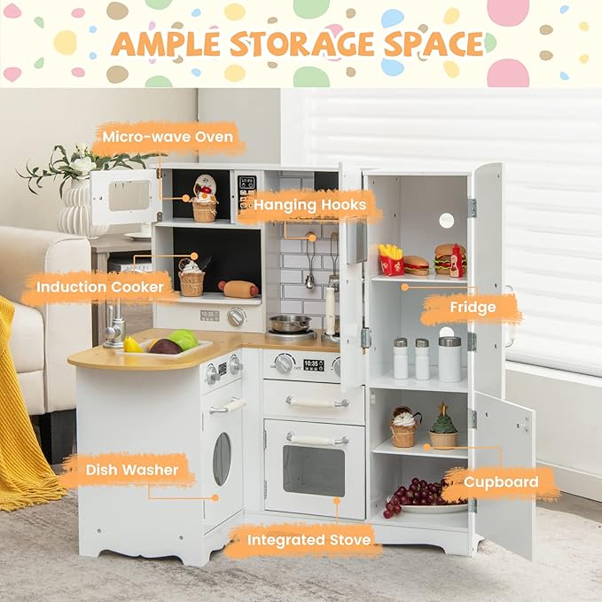 Kids Corner Play Kitchen, Wooden Toy Kitchen Set with Sounds, Pretend Play Kitchen for Kids with Kitchen Accessories,11-in-1 Toddler Kitchen Gifts for Ages 3+