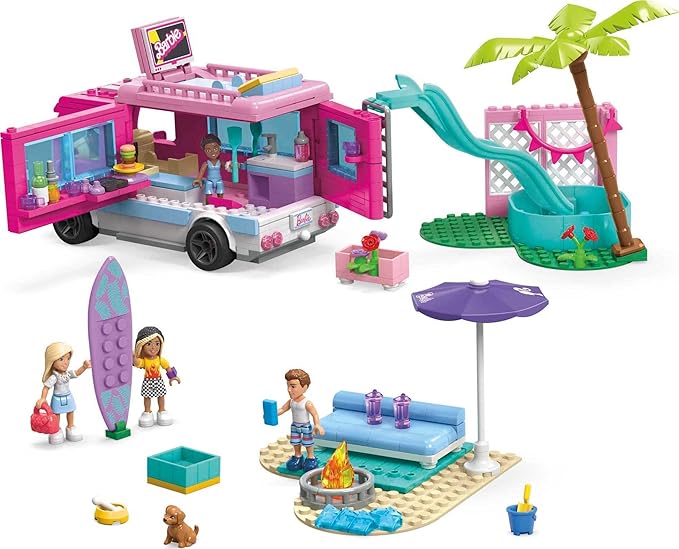 Mega Construx Barbie Kids Building Toy Set, Dream Camper Adventure with 580 Pieces, 4 Micro-Dolls, Barbie Pets and Accessories, Pink, Ages 6+ Years