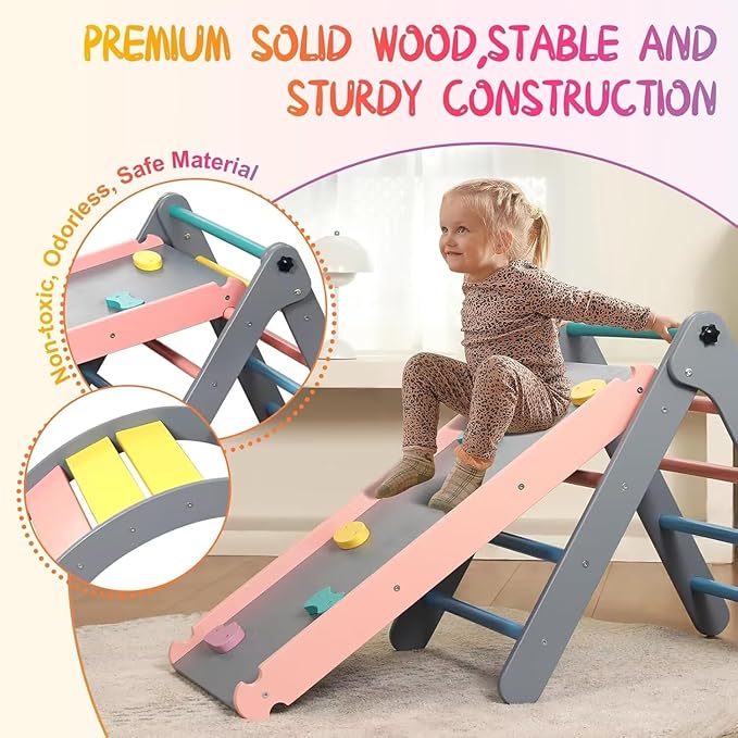 Pikler Triangle Set with Cushion, 7 in 1 Toddler Climbing Toys Indoor, Montessori Foldable Climbing Set, Wooden Climbing Toys for Toddlers 1-3 Inside with Ramp, Arch and Ladder (Rainbow with Blue)