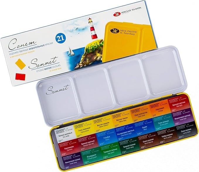 Sonnet 21 Studio 2.5 ml full pans Watercolor Paint Set in Metal Case by Nevskaya Palitra