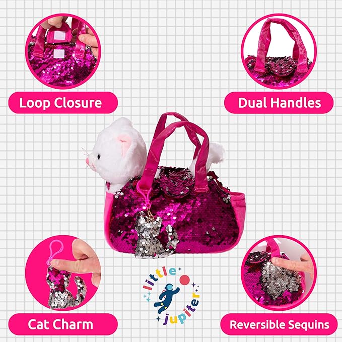 Little Jupiter Plush Pet Set with Purse - Stuffed Cat Plush Pet Carrier Set w/Reversible Sequins & Charm - Cat Stuffed Animals - Cat Animal Plush - Stuffed Animal Cat - Plush Cat (White Cat)