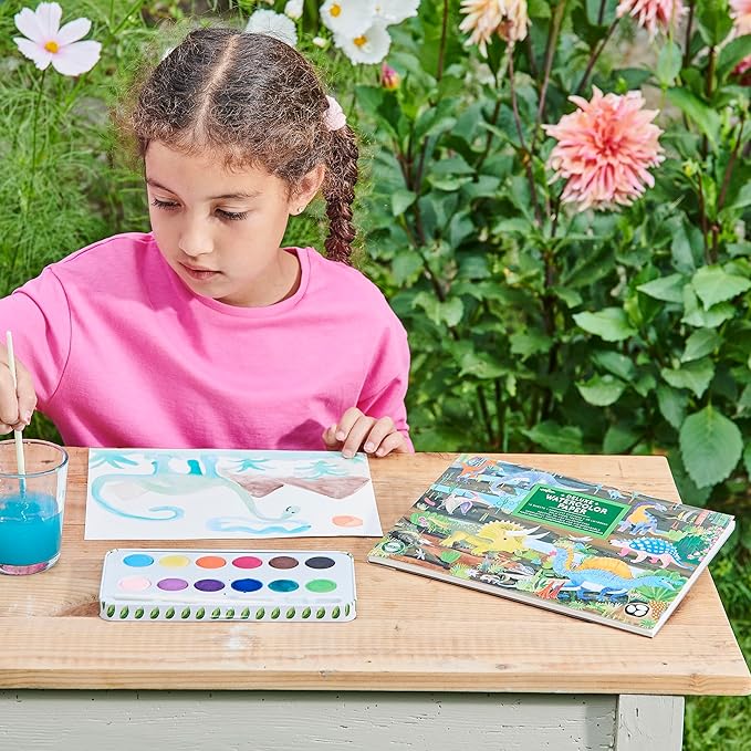 eeBoo: Dinosaur 12 Watercolors - Paint Set w Brush, Beautiful Design Tin Box, 12 Vibrant Colors, Kids Art Supplies, Ages 3+