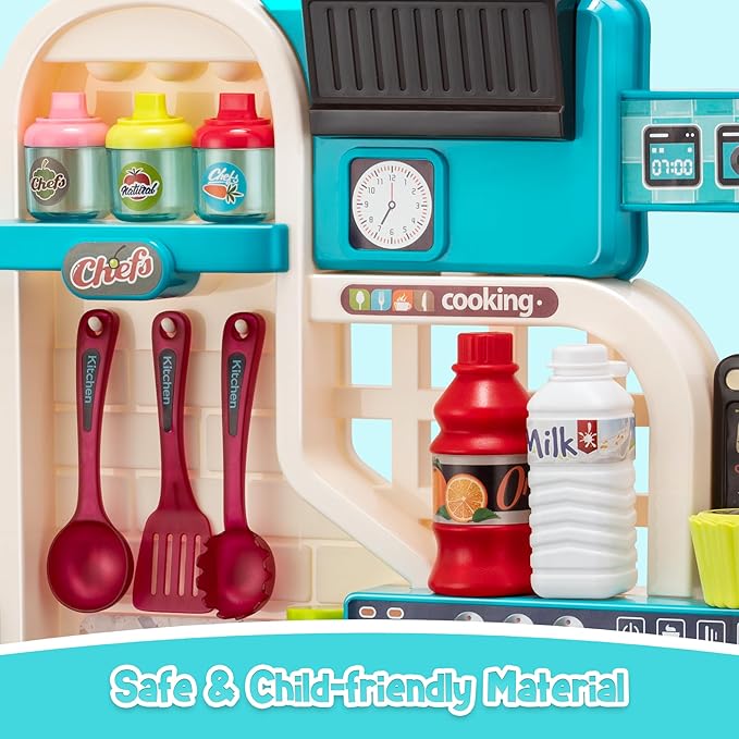 Kids Kitchen Playset-53pcs Cooking Stove,Paly Sink,Oven,Kitchen Toys with Realistic Lights&Sounds,Pretend Play Toys,Kitchen Toys for Toddler 1 2 3(Blue)