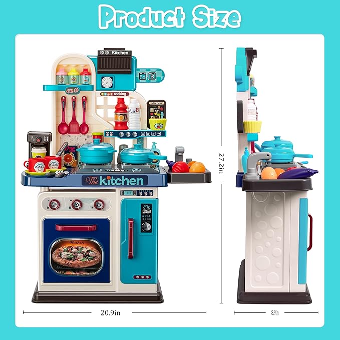 Kids Kitchen Playset-53pcs Cooking Stove,Paly Sink,Oven,Kitchen Toys with Realistic Lights&Sounds,Pretend Play Toys,Kitchen Toys for Toddler 1 2 3(Blue)