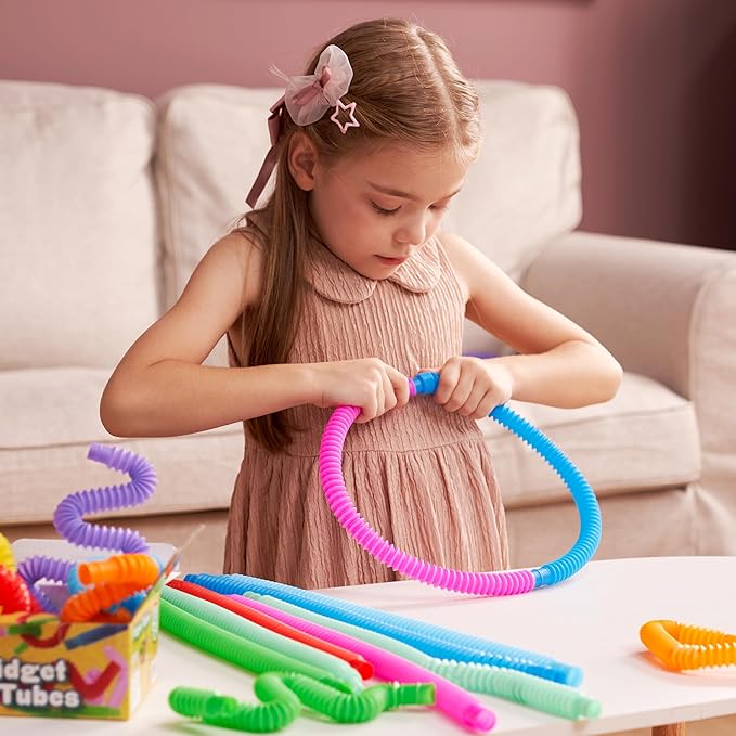 JOYIN 18 Pack Pop Tubes, Sensory Toys(Small) Fidget Tubes Party Favors - 9 Colors, Connectable and Extendable for Stress Relief - Perfect for Party, Classroom Exchange, School Reward