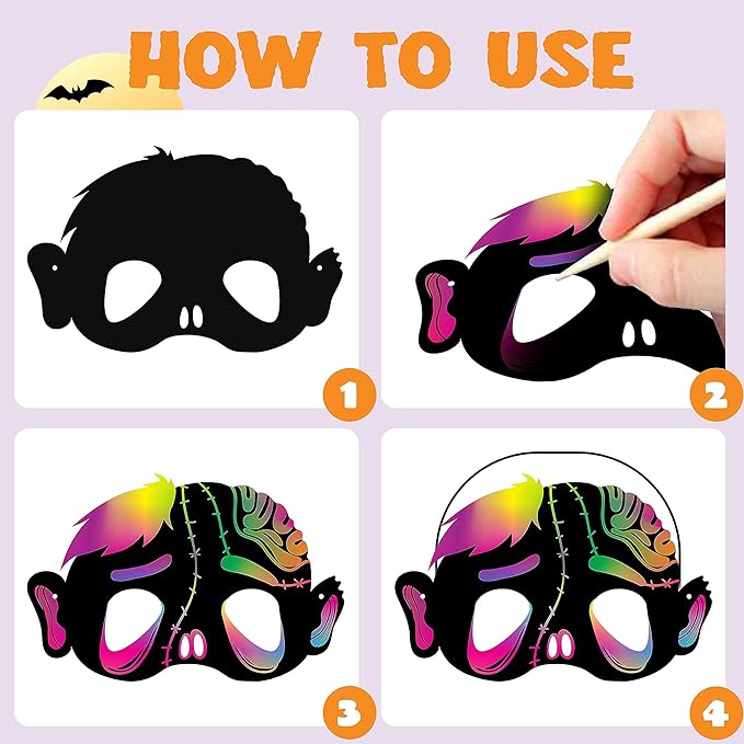 JOYIN 32 Pcs Halloween Rainbow Scratch Masks Crafts for Kids, Halloween Party Favors, Scratch Art Masks, Halloween Party Supplies, Scratch Off Paper Animal Masks Classroom Activities Gift Party Games