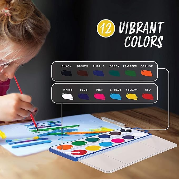 Pack of 36 Watercolor Paint Set - Watercolor Palette with 12 Washable Colors, Paintbrushes - Watercolors Paint Set Ideal for Preschool Classroom, Art School Supplies or Kids Party Favors