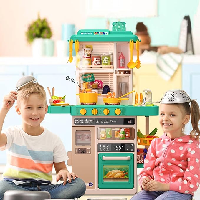 Kids Kitchen Play Set,Interactive Kids Kitchen Play Set with 50Pcs of Pretend Kitchen Toys,Realistic Sound Effects,and Simulated Functionality - Suitable for Toddlers Aged 2-12 Years (Green)