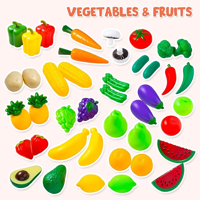 JOYIN 135Pcs Kids Play Food Set, Value Pretend Food for Play Kitchen with Fruit, Vegetable, Can, Dessert, Tableware, Bottles, Dramatic Plastic Toys for Toddler Boys Girls 3+ Years
