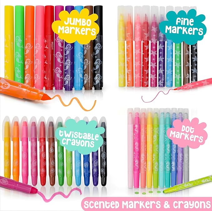 Scented Markers For Kids - Art Kits for Kids 6-9 - Mermaid Gifts For Girls - Coloring Kit Includes Smelly Markers, Dot Markers, Sparkly Mermaid Pencil Case - Mermaid Toys & Art Set For Girls Ages 8-12
