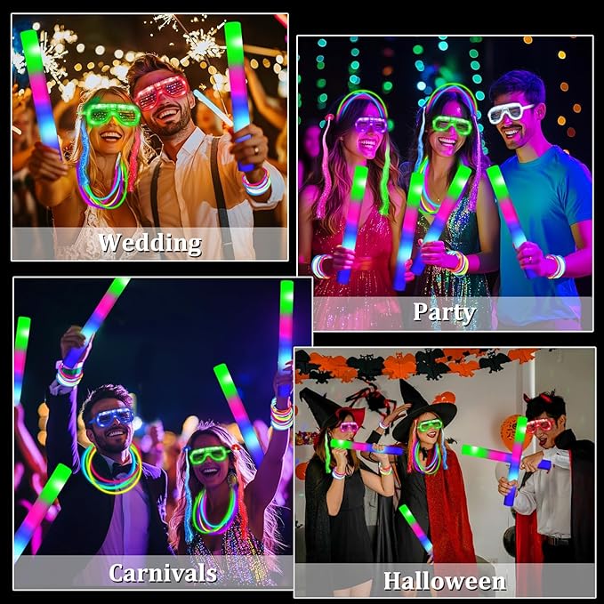 168 PCS Glow Party Supplies Light Up Party Favors with 16 Foam Glow Sticks, 16 LED Glasses,120 Glow Sticks Bracelets and 16 LED Hair Clips Fiber Optic Neon Accessories for Birthday, Wedding, Concert