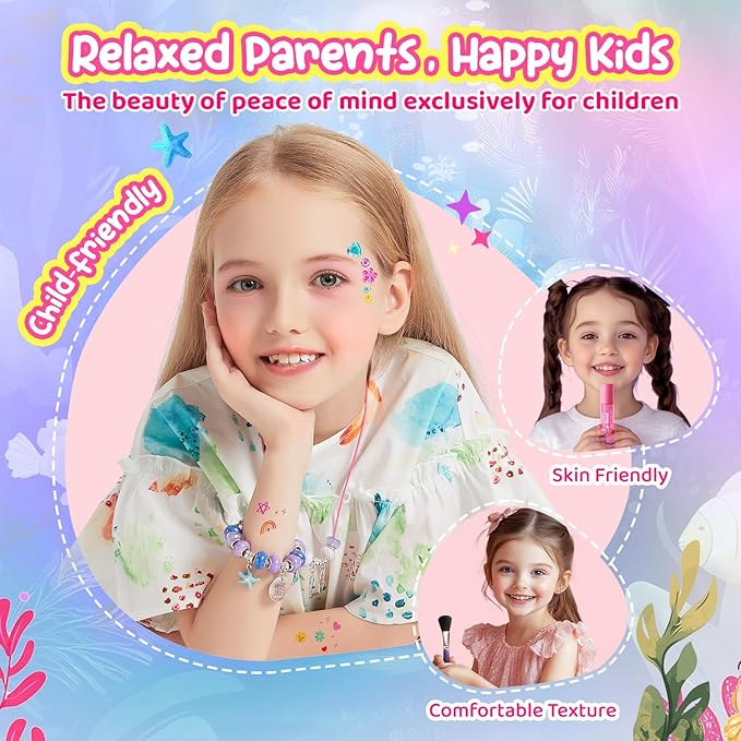 Kids Makeup Sets for Girls - Washable Real Cosmetics Set with Jewelry-Making for Children, Ocean Princess Dress-Up Makeup Bracelet Kits, Ideal Winter Birthday Gift for 4-12 Year Olds (Blue)