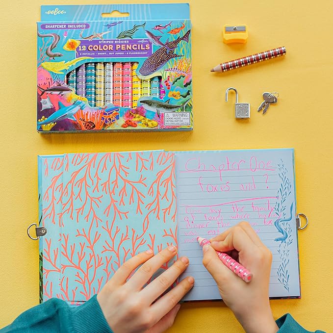 eeBoo: Striped Biggies 12 Color Pencils: Shark - 12pc Set w/ 6 Fluorescent & 6 Metallic Colors, Includes Sharpener, Art Supplies, Kids Ages 4+