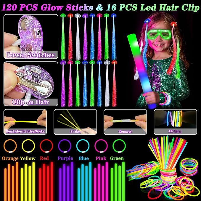 168 PCS Glow Party Supplies Light Up Party Favors with 16 Foam Glow Sticks, 16 LED Glasses,120 Glow Sticks Bracelets and 16 LED Hair Clips Fiber Optic Neon Accessories for Birthday, Wedding, Concert