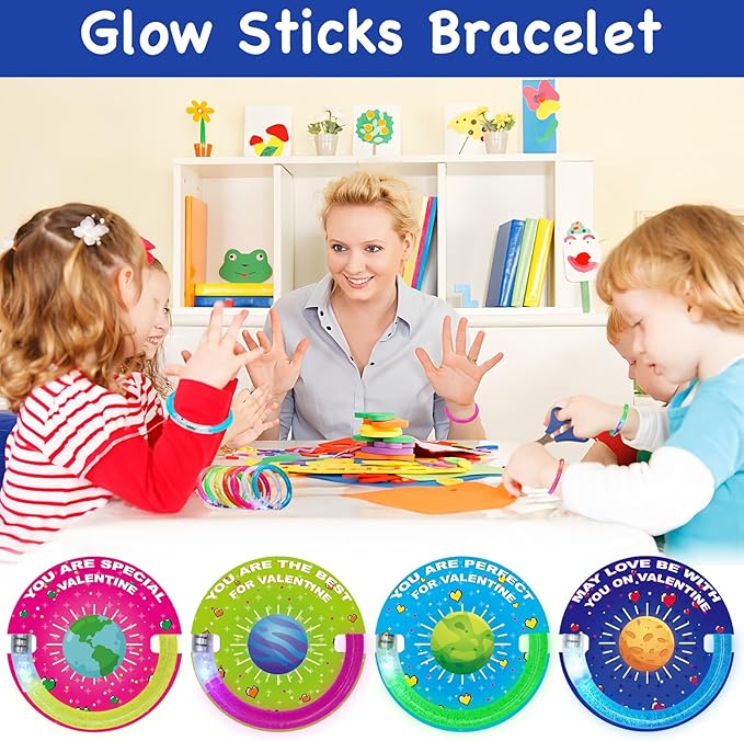 28 Pack Valentines Day Gifts for Kids,Valentine Glow Sticks Bracelet with Valentine's Day Gift Cards for Valentine Light Up Toy Valentines Day Gifts for kids School Classroom Party Favors Supplies