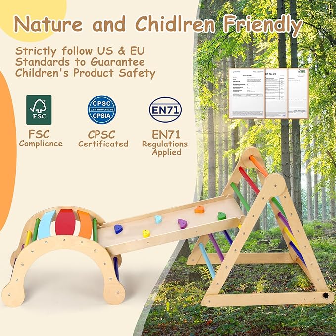 Dripex Pikler Triangle Set, Sturdy Climbing Toys for Toddlers 1-3 Inside, Large Indoor Playground Jungle Gym Playset with Slide & Arch Rocker, Premium Early Learning Toddler Climbing Toys Indoor