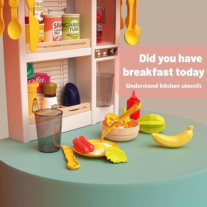 Kids Kitchen Play Set,Interactive Kids Kitchen Play Set with 50Pcs of Pretend Kitchen Toys,Realistic Sound Effects,and Simulated Functionality - Suitable for Toddlers Aged 2-12 Years(Pink)