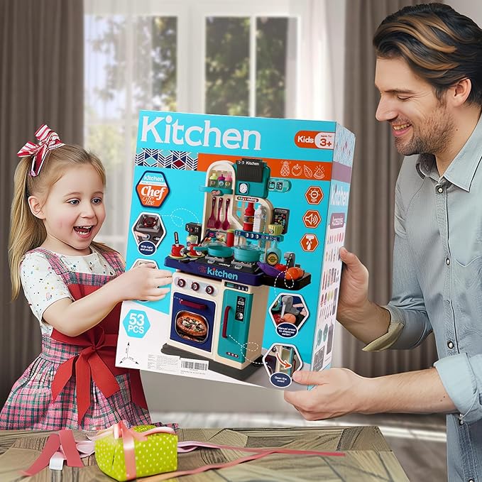 Kids Kitchen Playset-53pcs Cooking Stove,Paly Sink,Oven,Kitchen Toys with Realistic Lights&Sounds,Pretend Play Toys,Kitchen Toys for Toddler 1 2 3(Blue)