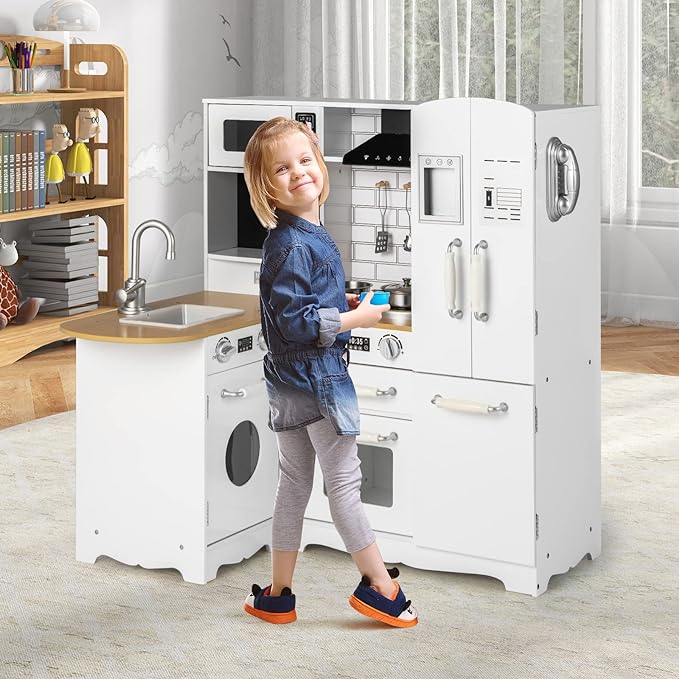 Kids Corner Play Kitchen, Wooden Toy Kitchen Set with Sounds, Pretend Play Kitchen for Kids with Kitchen Accessories,11-in-1 Toddler Kitchen Gifts for Ages 3+