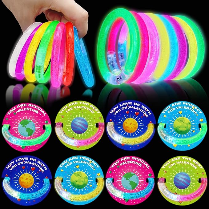 28 Pack Valentines Day Gifts for Kids,Valentine Glow Sticks Bracelet with Valentine's Day Gift Cards for Valentine Light Up Toy Valentines Day Gifts for kids School Classroom Party Favors Supplies